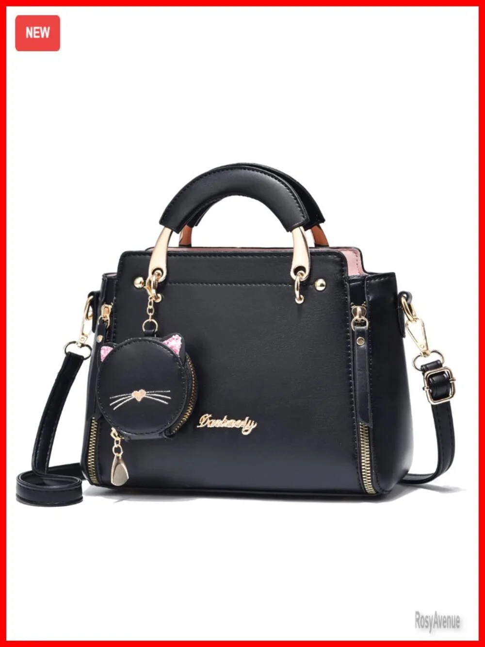 PU Leather Crossbody Satchel Bag with Kitten Pendant